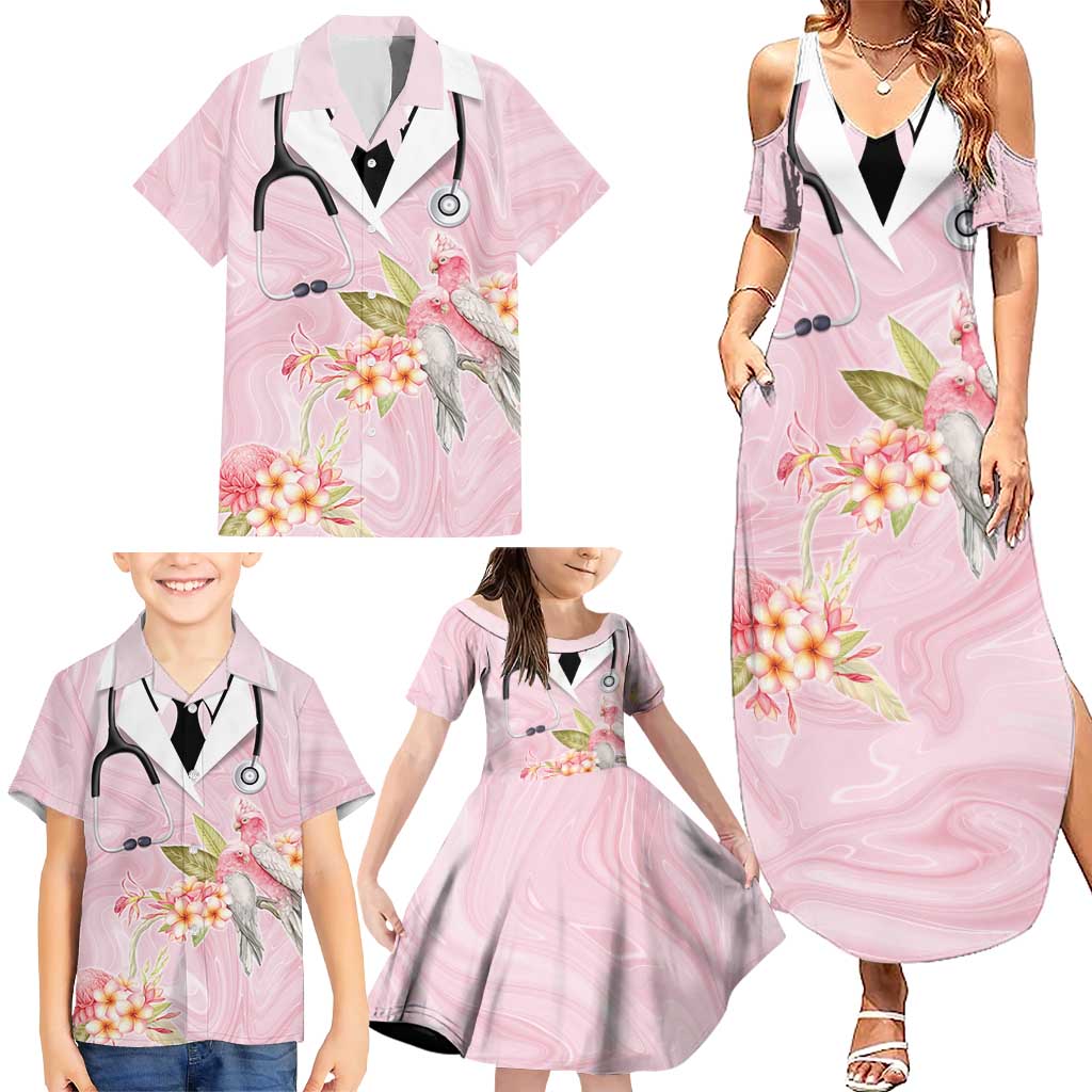 Aussie Nurse RN Pink Cockatoo Family Matching Summer Maxi Dress and Hawaiian Shirt