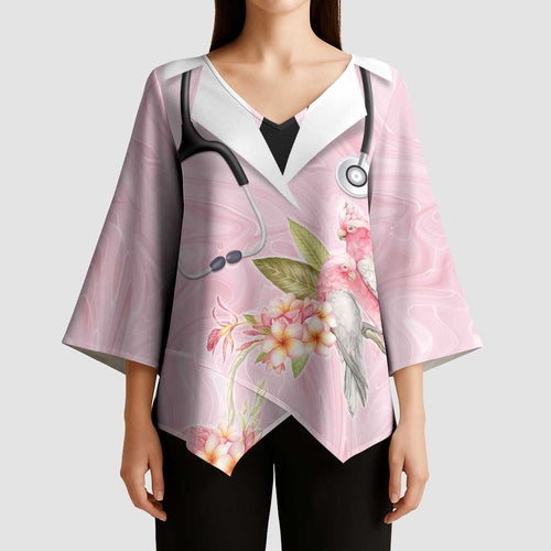 Aussie Nurse RN Pink Cockatoo Kimono Sleeve Blouse