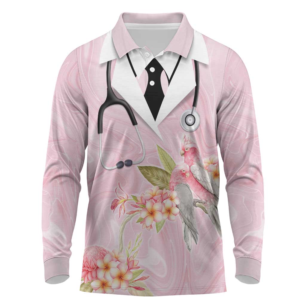 Aussie Nurse RN Pink Cockatoo Long Sleeve Polo Shirt
