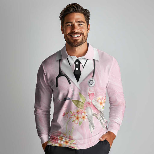Aussie Nurse RN Pink Cockatoo Long Sleeve Polo Shirt