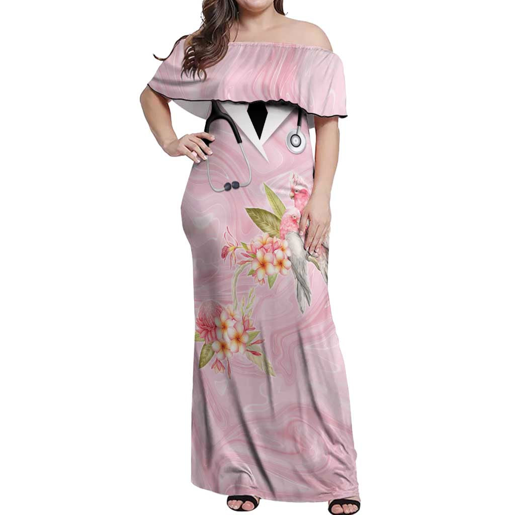 Aussie Nurse RN Pink Cockatoo Off Shoulder Maxi Dress
