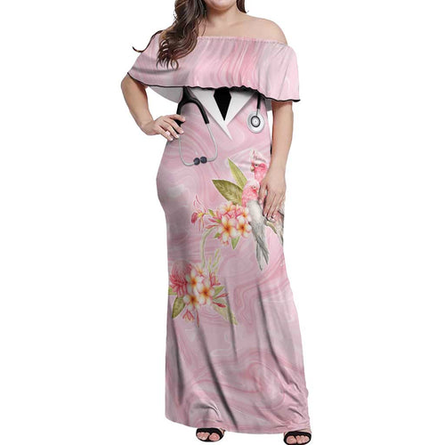 Aussie Nurse RN Pink Cockatoo Off Shoulder Maxi Dress