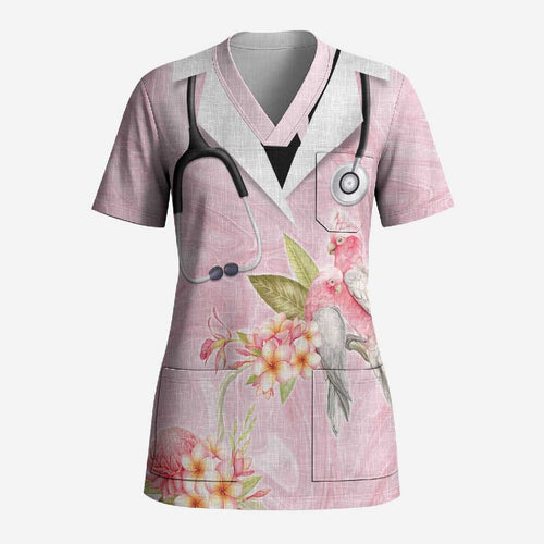 Aussie Nurse RN Pink Cockatoo Scrub Top
