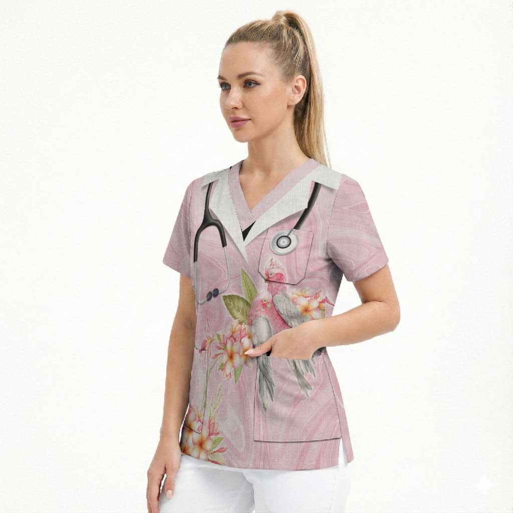 Aussie Nurse RN Pink Cockatoo Scrub Top