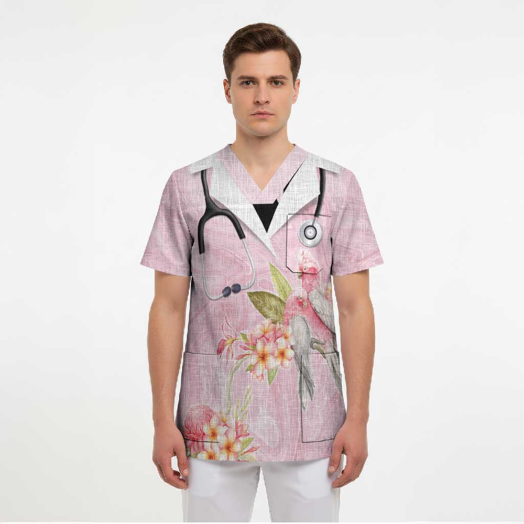 Aussie Nurse RN Pink Cockatoo Scrub Top