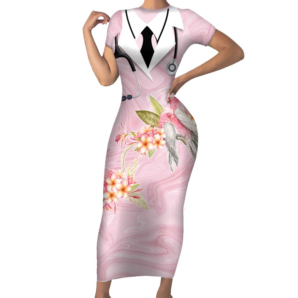 Aussie Nurse RN Pink Cockatoo Short Sleeve Bodycon Dress