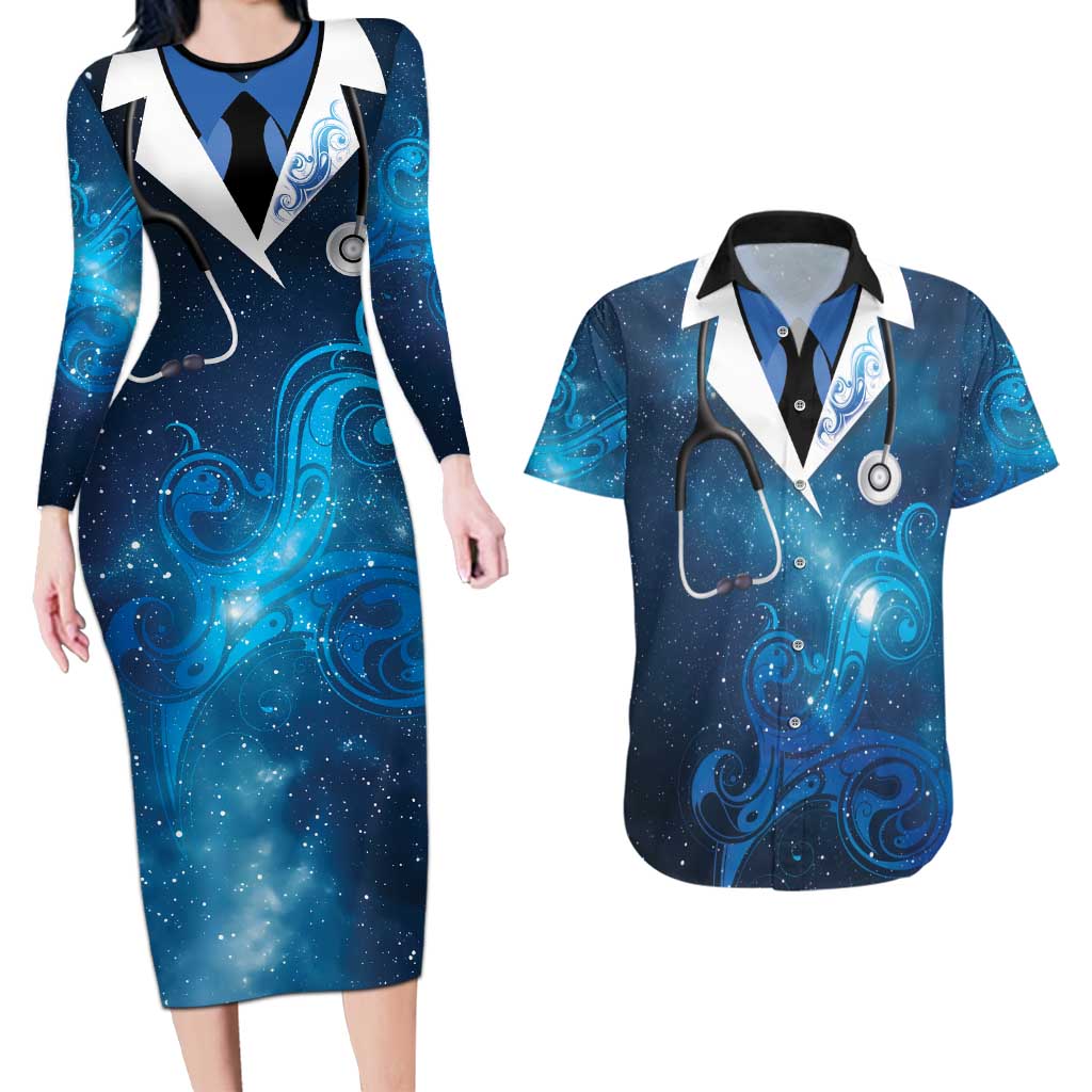 New Zealand Nurses RN Personalised Couples Matching Long Sleeve Bodycon Dress and Hawaiian Shirt Galaxy Stethoscope Maori Motif