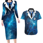 New Zealand Nurses RN Personalised Couples Matching Long Sleeve Bodycon Dress and Hawaiian Shirt Galaxy Stethoscope Maori Motif
