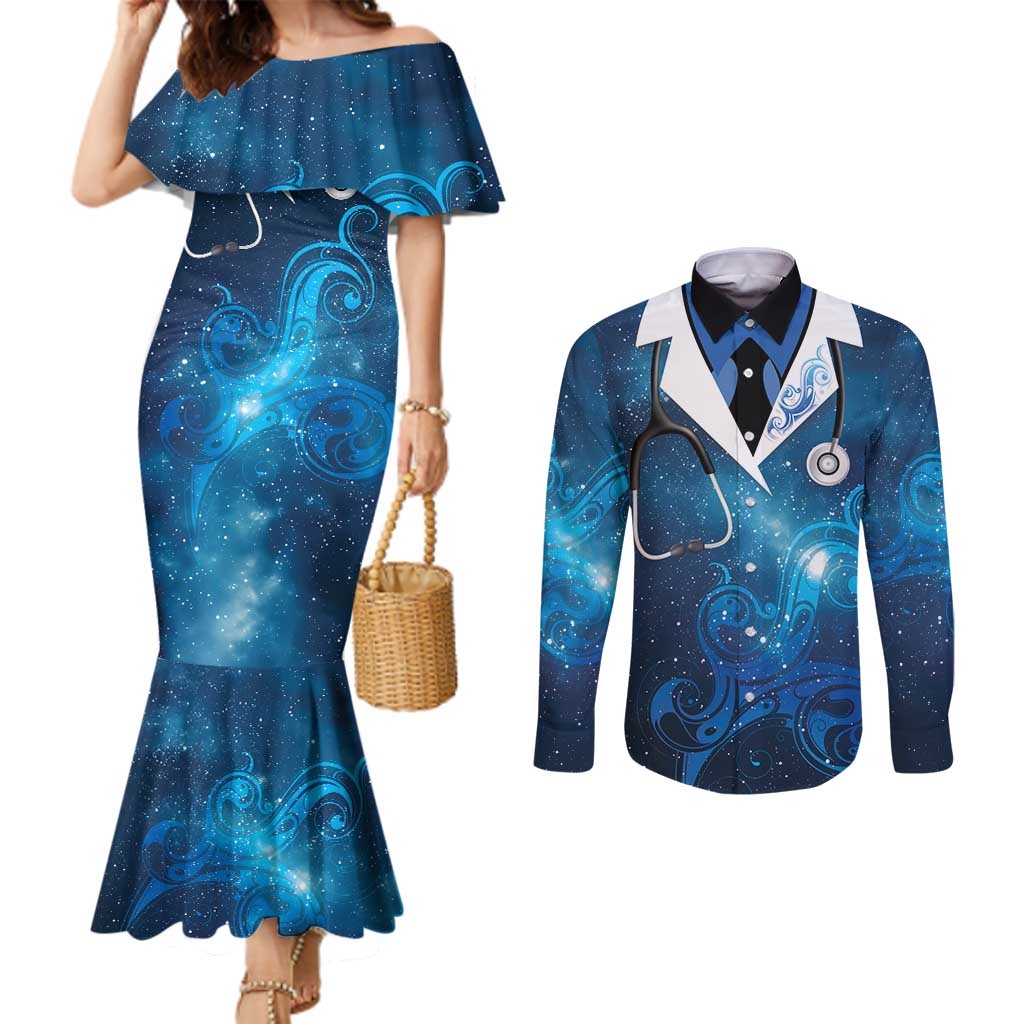 New Zealand Nurses RN Personalised Couples Matching Mermaid Dress and Long Sleeve Button Shirt Galaxy Stethoscope Maori Motif