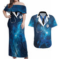 New Zealand Nurses RN Personalised Couples Matching Off Shoulder Maxi Dress and Hawaiian Shirt Galaxy Stethoscope Maori Motif