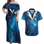 New Zealand Nurses RN Personalised Couples Matching Off Shoulder Maxi Dress and Hawaiian Shirt Galaxy Stethoscope Maori Motif