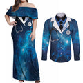 New Zealand Nurses RN Personalised Couples Matching Off Shoulder Maxi Dress and Long Sleeve Button Shirt Galaxy Stethoscope Maori Motif