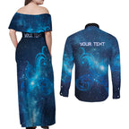 New Zealand Nurses RN Personalised Couples Matching Off Shoulder Maxi Dress and Long Sleeve Button Shirt Galaxy Stethoscope Maori Motif