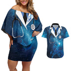 New Zealand Nurses RN Personalised Couples Matching Off Shoulder Short Dress and Hawaiian Shirt Galaxy Stethoscope Maori Motif