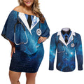 New Zealand Nurses RN Personalised Couples Matching Off Shoulder Short Dress and Long Sleeve Button Shirt Galaxy Stethoscope Maori Motif