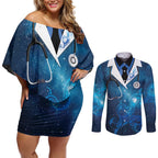 New Zealand Nurses RN Personalised Couples Matching Off Shoulder Short Dress and Long Sleeve Button Shirt Galaxy Stethoscope Maori Motif