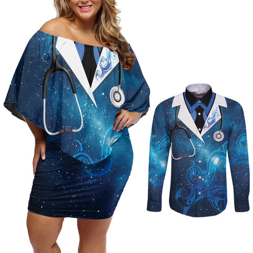 New Zealand Nurses RN Personalised Couples Matching Off Shoulder Short Dress and Long Sleeve Button Shirt Galaxy Stethoscope Maori Motif