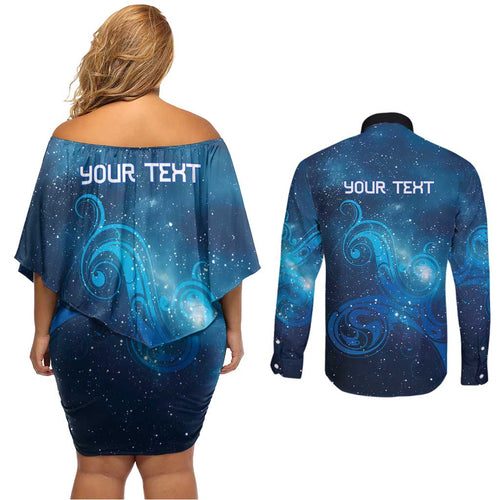 New Zealand Nurses RN Personalised Couples Matching Off Shoulder Short Dress and Long Sleeve Button Shirt Galaxy Stethoscope Maori Motif