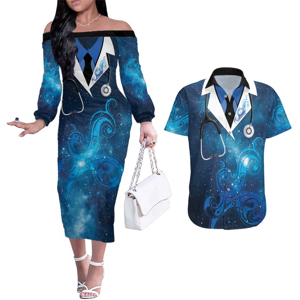 New Zealand Nurses RN Personalised Couples Matching Off The Shoulder Long Sleeve Dress and Hawaiian Shirt Galaxy Stethoscope Maori Motif