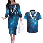 New Zealand Nurses RN Personalised Couples Matching Off The Shoulder Long Sleeve Dress and Hawaiian Shirt Galaxy Stethoscope Maori Motif