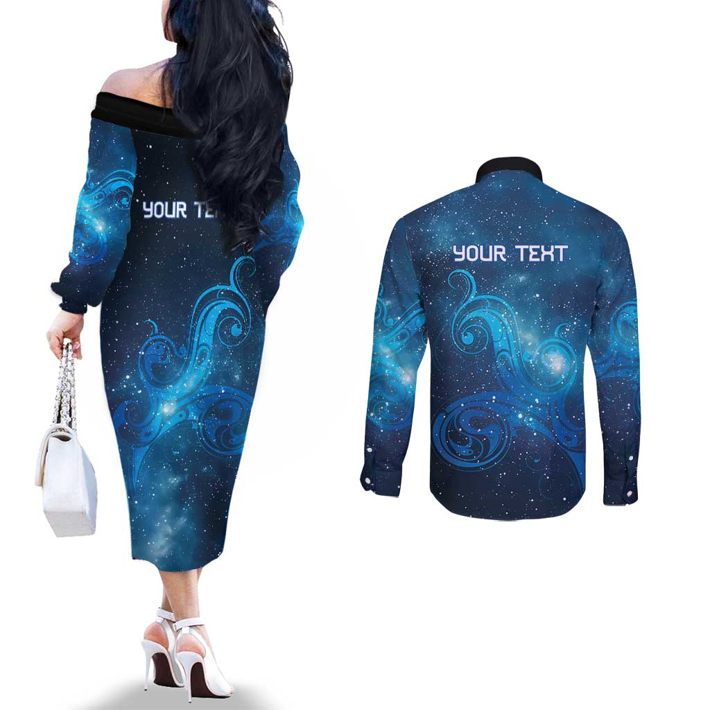 New Zealand Nurses RN Personalised Couples Matching Off The Shoulder Long Sleeve Dress and Long Sleeve Button Shirt Galaxy Stethoscope Maori Motif