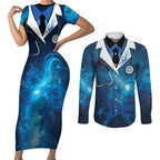 New Zealand Nurses RN Personalised Couples Matching Short Sleeve Bodycon Dress and Long Sleeve Button Shirt Galaxy Stethoscope Maori Motif