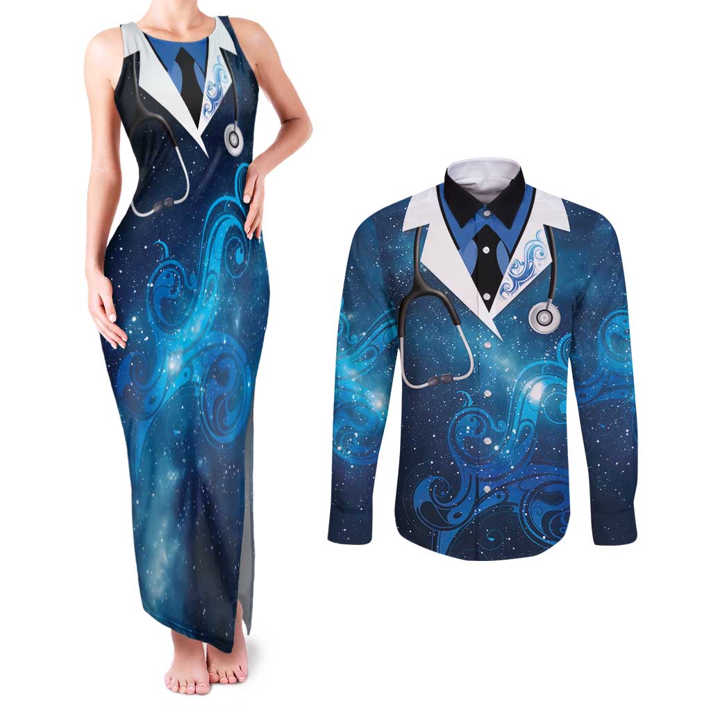 New Zealand Nurses RN Personalised Couples Matching Tank Maxi Dress and Long Sleeve Button Shirt Galaxy Stethoscope Maori Motif