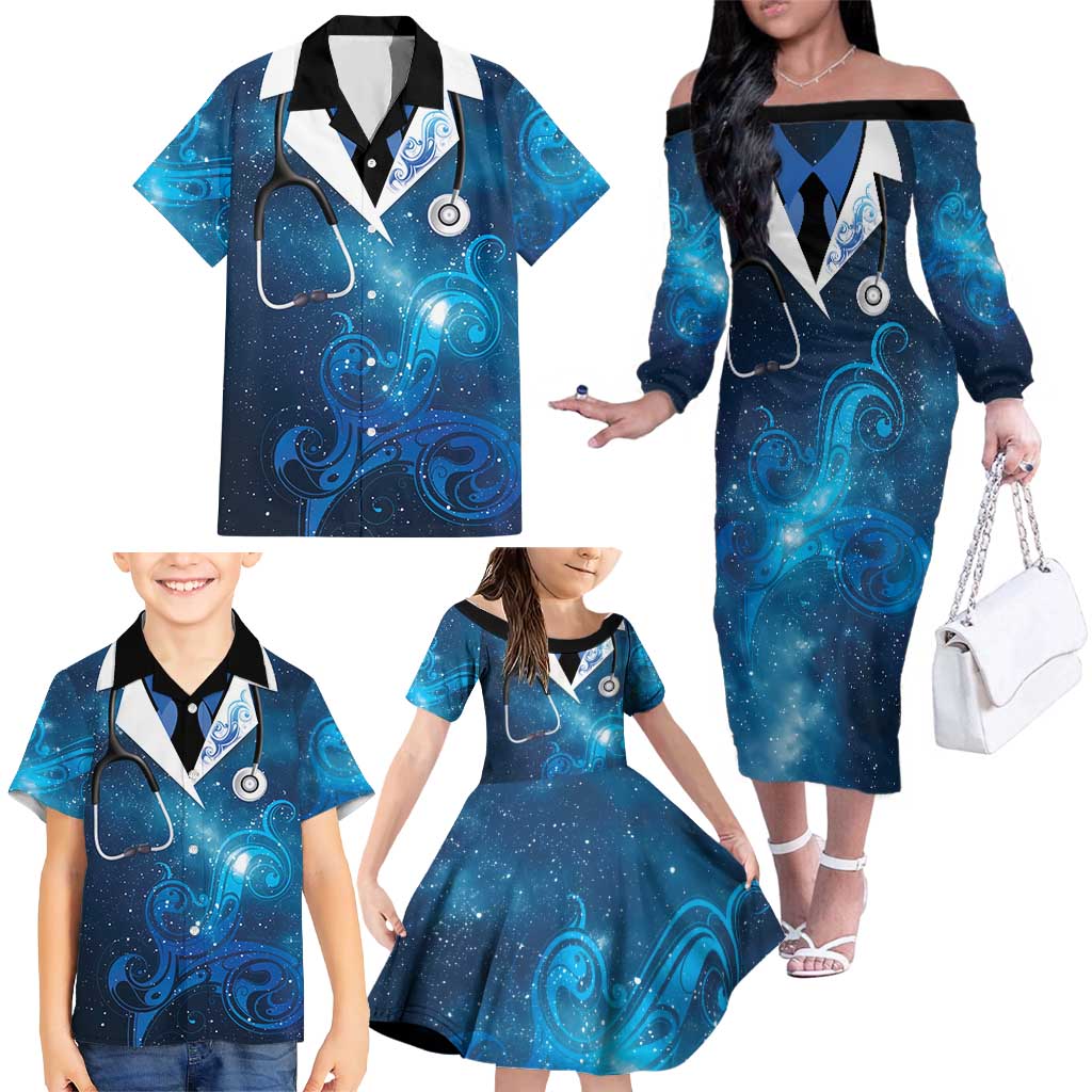 New Zealand Nurses RN Personalised Family Matching Off The Shoulder Long Sleeve Dress and Hawaiian Shirt Galaxy Stethoscope Maori Motif