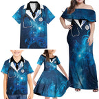 New Zealand Nurses RN Personalised Family Matching Off Shoulder Maxi Dress and Hawaiian Shirt Galaxy Stethoscope Maori Motif