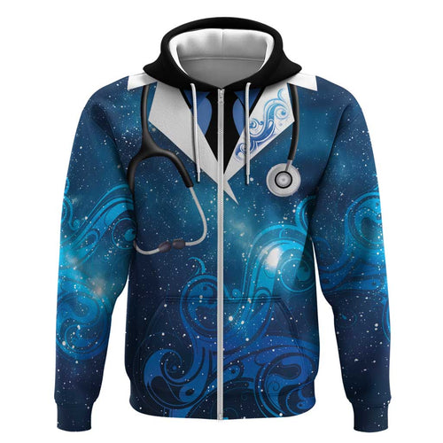 New Zealand Nurses RN Personalised Hoodie Galaxy Stethoscope Maori Motif