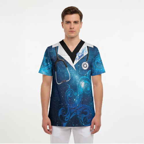 New Zealand Nurses RN Personalised Scrub Top Galaxy Stethoscope Maori Motif