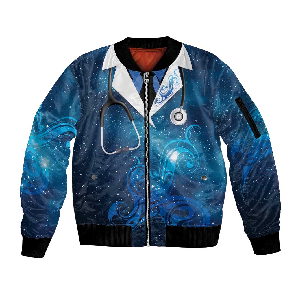 New Zealand Nurses RN Personalised Sleeve Zip Bomber Jacket Galaxy Stethoscope Maori Motif