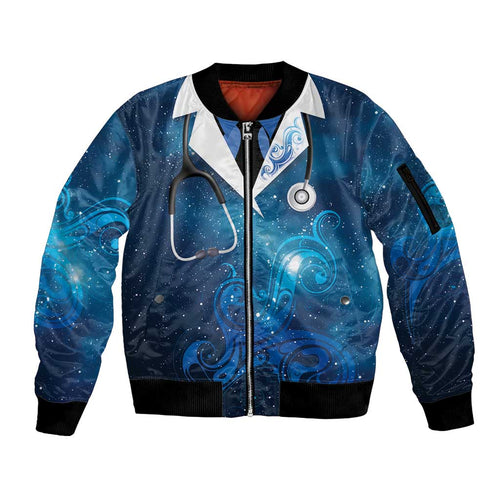 New Zealand Nurses RN Personalised Sleeve Zip Bomber Jacket Galaxy Stethoscope Maori Motif