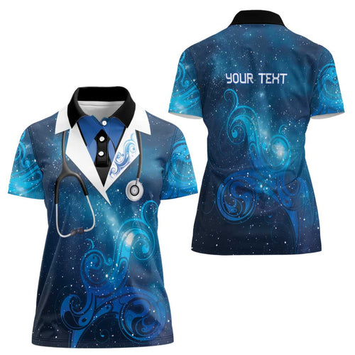 New Zealand Nurses RN Personalised Women Polo Shirt Galaxy Stethoscope Maori Motif