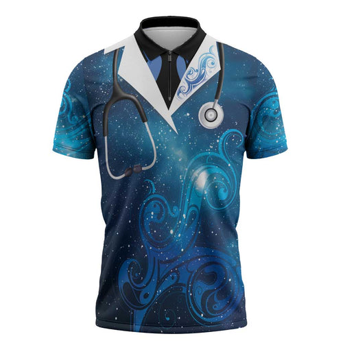 New Zealand Nurses RN Personalised Zipper Polo Shirt Galaxy Stethoscope Maori Motif
