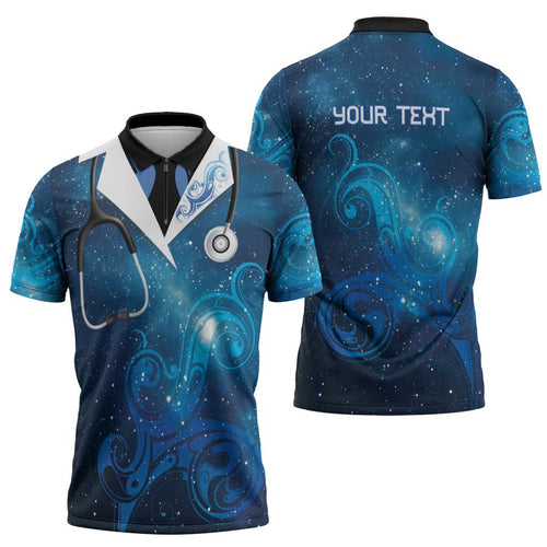 New Zealand Nurses RN Personalised Zipper Polo Shirt Galaxy Stethoscope Maori Motif