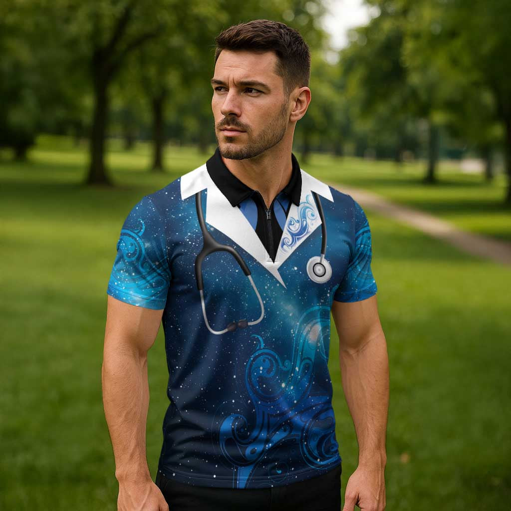 New Zealand Nurses RN Personalised Zipper Polo Shirt Galaxy Stethoscope Maori Motif