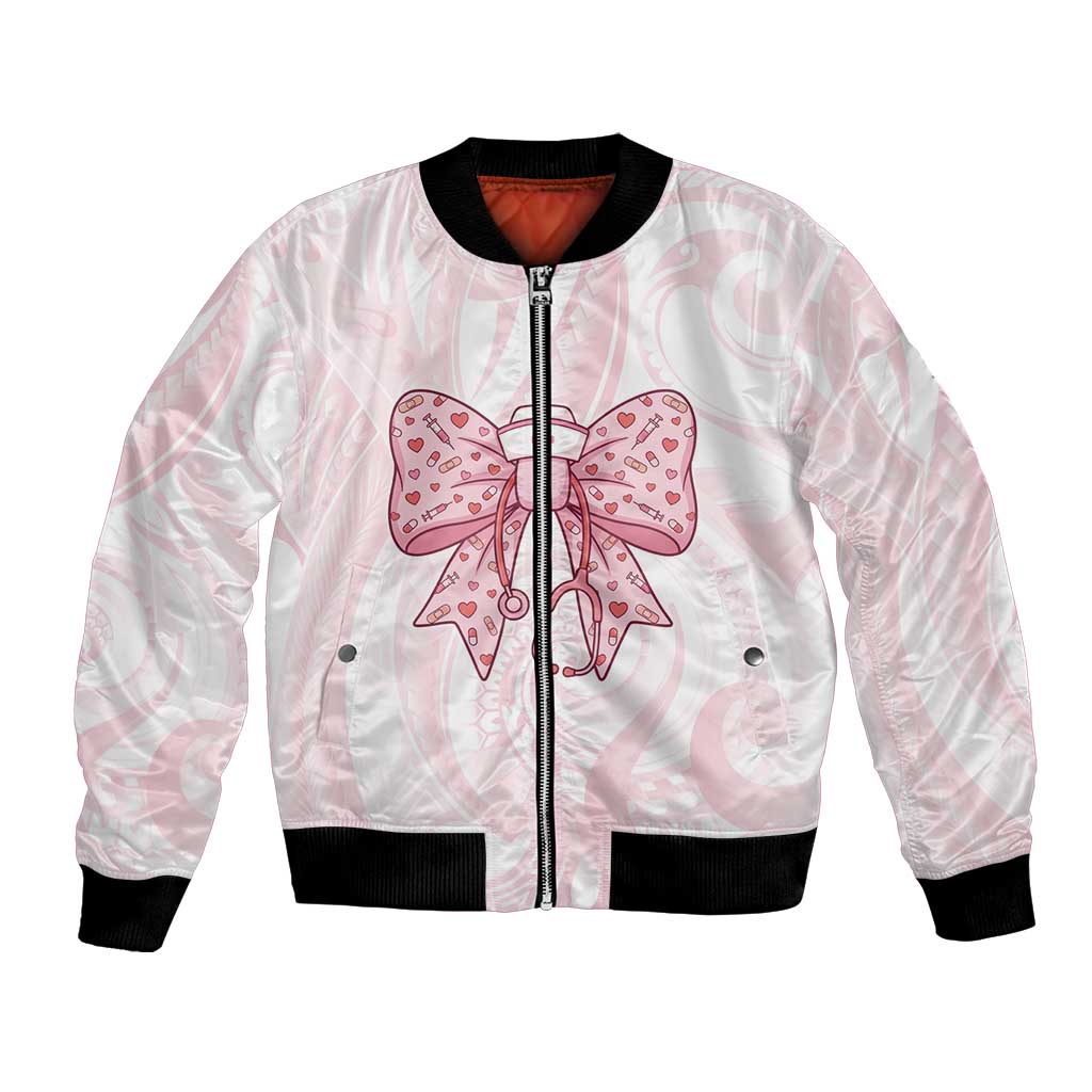 New Zealand Nurses RN Personalised Bomber Jacket Pink Stethoscope Coquette Bow Maori Motif
