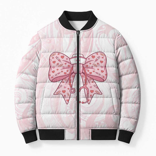 New Zealand Nurses RN Personalised Bomber Puffer Jacket Pink Stethoscope Coquette Bow Maori Motif