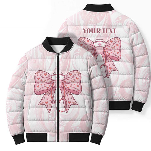 New Zealand Nurses RN Personalised Bomber Puffer Jacket Pink Stethoscope Coquette Bow Maori Motif