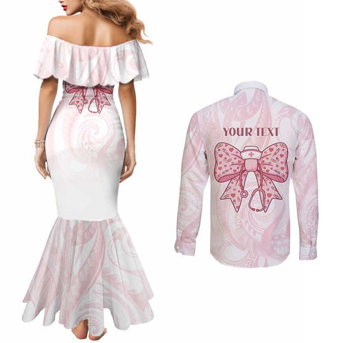 New Zealand Nurses RN Personalised Couples Matching Mermaid Dress and Long Sleeve Button Shirt Pink Stethoscope Coquette Bow Maori Motif