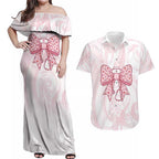 New Zealand Nurses RN Personalised Couples Matching Off Shoulder Maxi Dress and Hawaiian Shirt Pink Stethoscope Coquette Bow Maori Motif