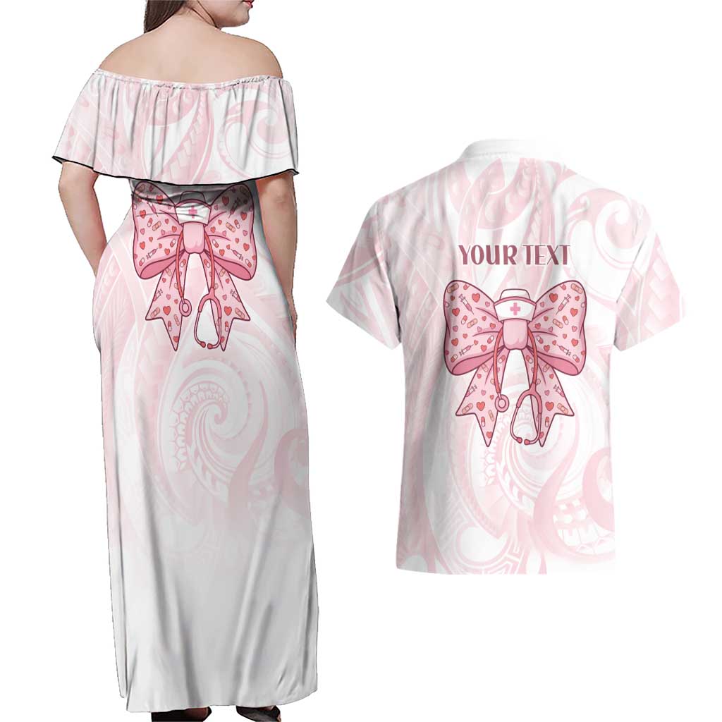 New Zealand Nurses RN Personalised Couples Matching Off Shoulder Maxi Dress and Hawaiian Shirt Pink Stethoscope Coquette Bow Maori Motif