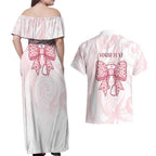 New Zealand Nurses RN Personalised Couples Matching Off Shoulder Maxi Dress and Hawaiian Shirt Pink Stethoscope Coquette Bow Maori Motif