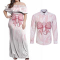 New Zealand Nurses RN Personalised Couples Matching Off Shoulder Maxi Dress and Long Sleeve Button Shirt Pink Stethoscope Coquette Bow Maori Motif
