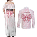 New Zealand Nurses RN Personalised Couples Matching Off Shoulder Maxi Dress and Long Sleeve Button Shirt Pink Stethoscope Coquette Bow Maori Motif