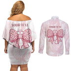 New Zealand Nurses RN Personalised Couples Matching Off Shoulder Short Dress and Long Sleeve Button Shirt Pink Stethoscope Coquette Bow Maori Motif
