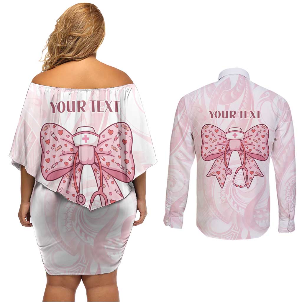 New Zealand Nurses RN Personalised Couples Matching Off Shoulder Short Dress and Long Sleeve Button Shirt Pink Stethoscope Coquette Bow Maori Motif