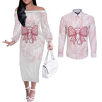 New Zealand Nurses RN Personalised Couples Matching Off The Shoulder Long Sleeve Dress and Long Sleeve Button Shirt Pink Stethoscope Coquette Bow Maori Motif