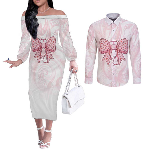 New Zealand Nurses RN Personalised Couples Matching Off The Shoulder Long Sleeve Dress and Long Sleeve Button Shirt Pink Stethoscope Coquette Bow Maori Motif